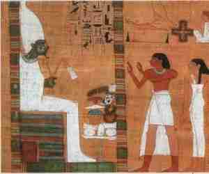 Papyrus illustrant le Livre des Morts. Les défunts devant Osiris le juge suprême. 300x250 - Le vêtement : Le lin